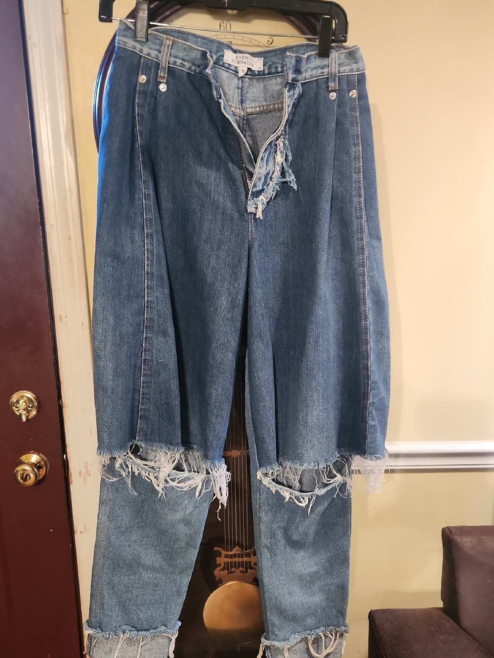Distressed Two-Tone Blue Boyfriend Jeans by VINTAGE TRENDS
